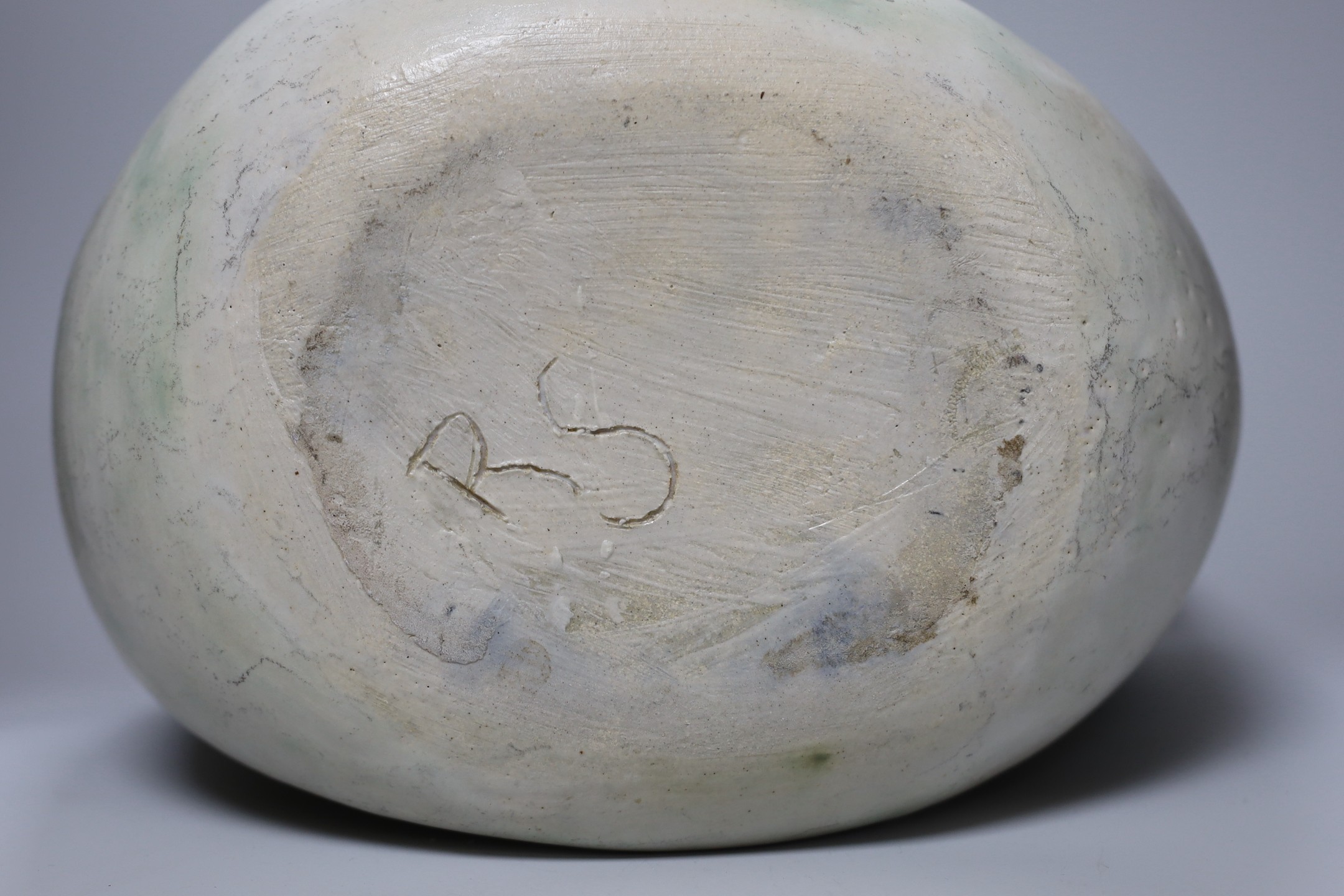Ruth Sulke - a large studio stoneware white and green glazed free-form vase, 31cm